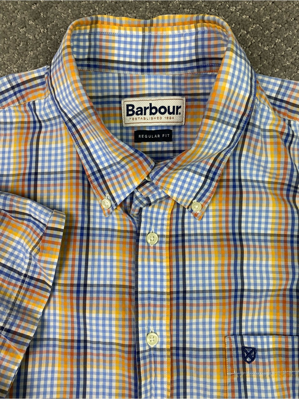 Barbour Short Sleeve Button Down Shirt Men’s Large Gingham Blue Orange